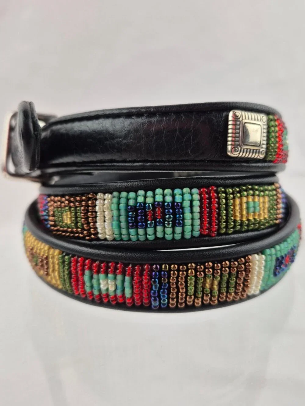 Vintage Brighton Black Leather Belt Multicolored Seed Bead Inlay M/L 32